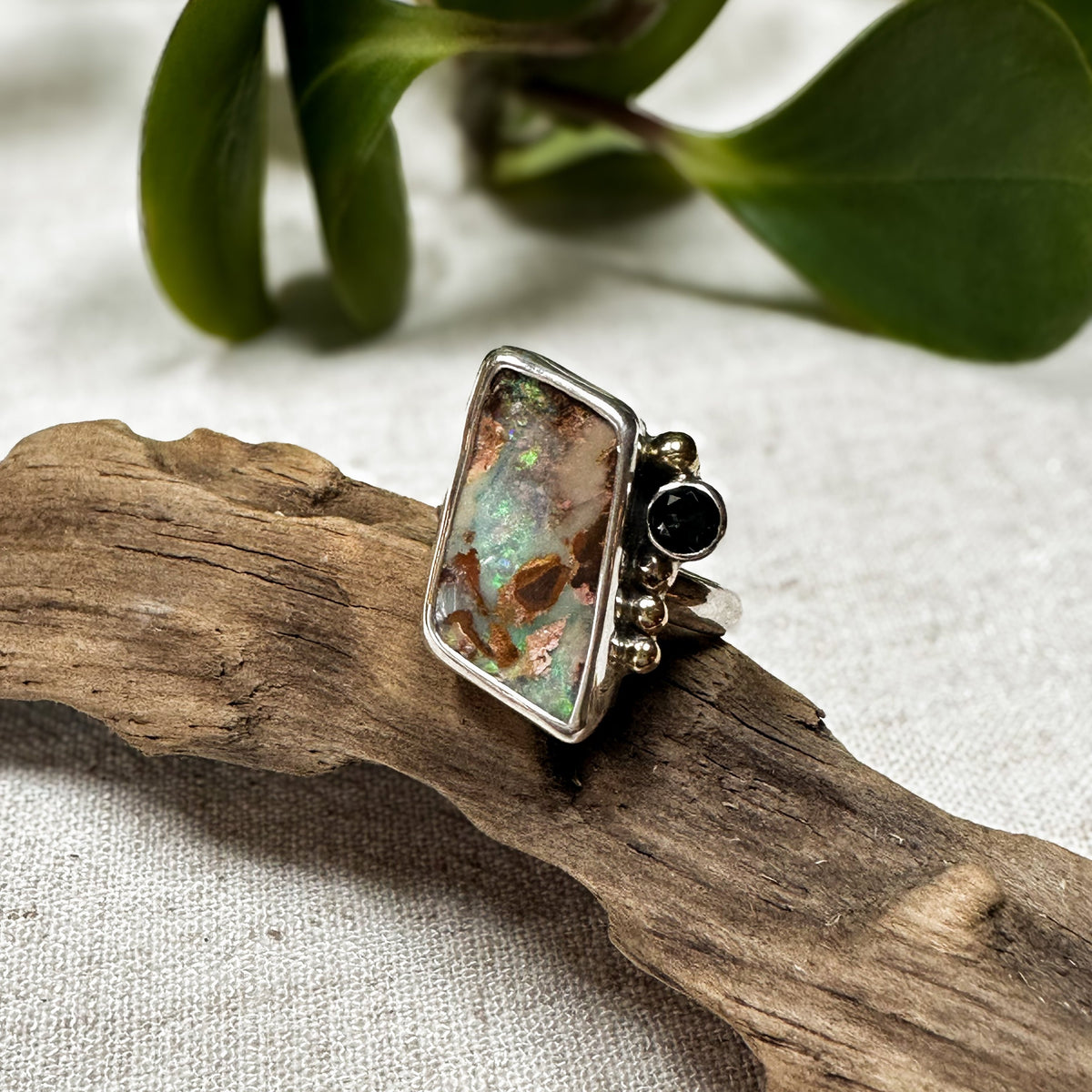 Boulder Opal blue topaz ring detail, deep blue teal shifting color play Natural Earth Collective Ohio