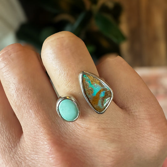Boulder Opal Lone Mountain Turquoise ring close up, flowing blue color Natural Earth Collective Ohio