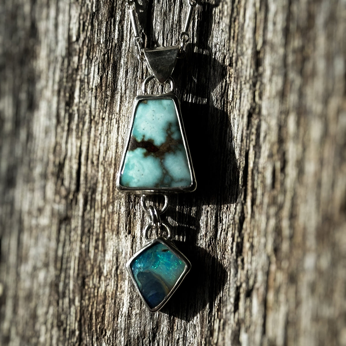 Turquoise and Boulder Opal pendant detail, sterling silver bar and link chain Natural Earth Collective Ohio