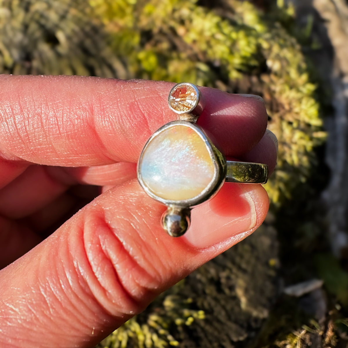 Australian Pipe Opal rutile quartz ring detail, pastel color flash Natural Earth Collective Ohio