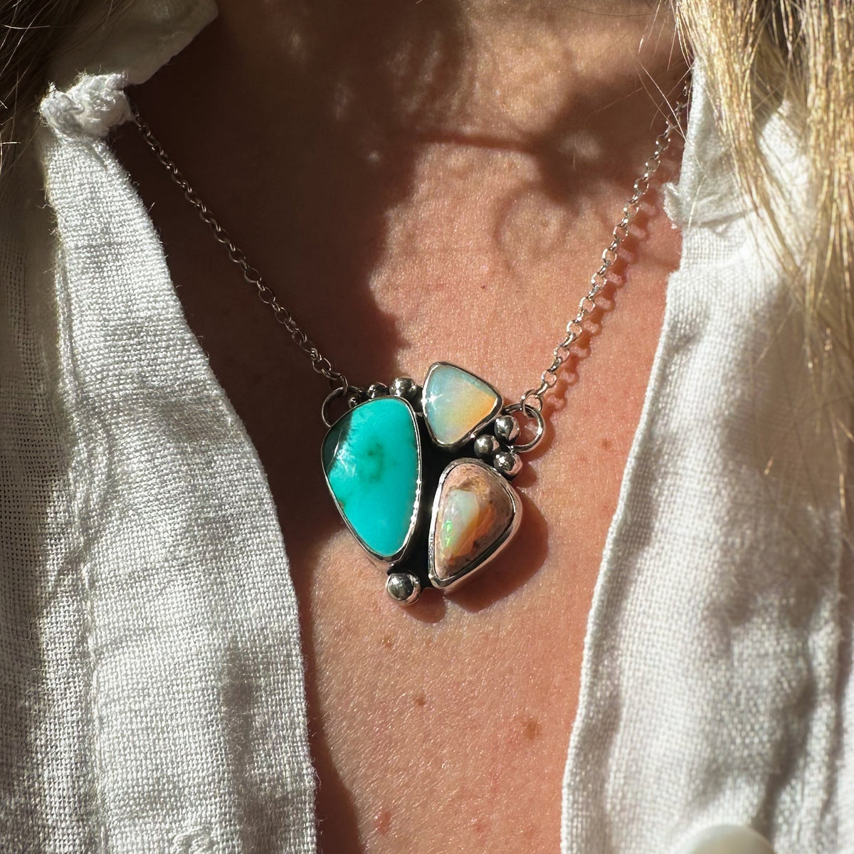 Double Opal Turquoise Necklace, Royston Turquoise Australian Pipe Crystal Opal Mexican Cantera Opal sterling silver Natural Earth Collective Ohio