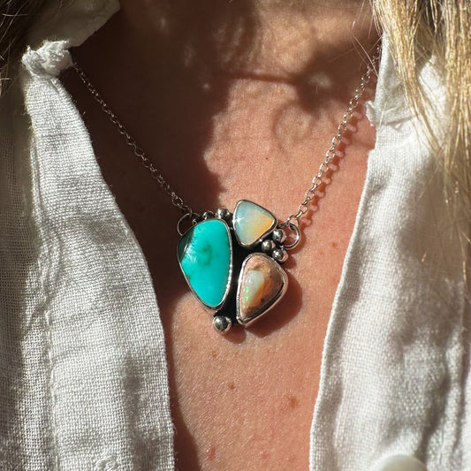 Double Opal Turquoise Necklace, Royston Turquoise Australian Pipe Crystal Opal Mexican Cantera Opal sterling silver Natural Earth Collective Ohio