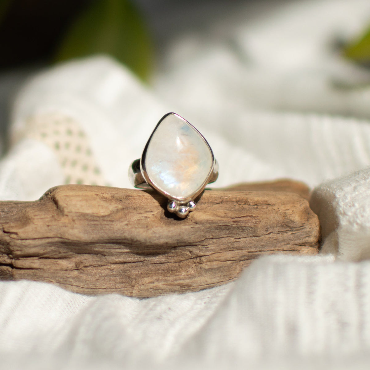 Rainbow Moonstone ring size 7.5, blue flash 6mm half round band sterling silver Natural Earth Collective Ohio
