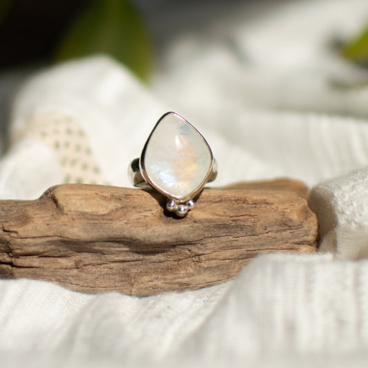 Rainbow Moonstone ring size 7.5, blue flash 6mm half round band sterling silver Natural Earth Collective Ohio