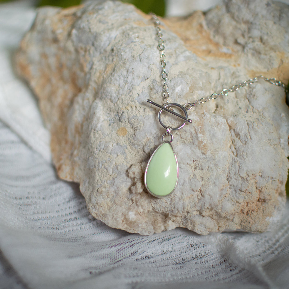 Lemon Chrysoprase toggle necklace close up, luminous yellow-green natural stone Natural Earth Collective Ohio