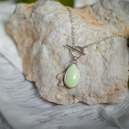 Lemon Chrysoprase toggle necklace close up, luminous yellow-green natural stone Natural Earth Collective Ohio