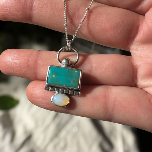 Royston Turquoise rectangle and milky Opal pendant necklace, sterling silver Natural Earth Collective Ohio