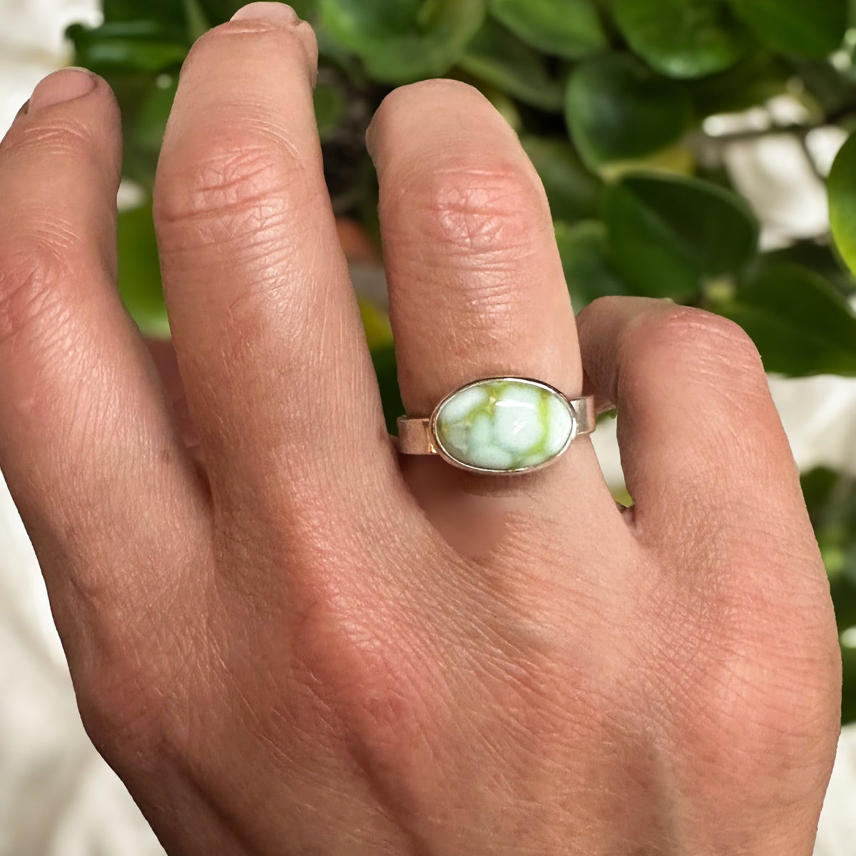 Palomino Variscite ring size 8, creamy pale blue-green fine silver sterling silver Natural Earth Collective Ohio