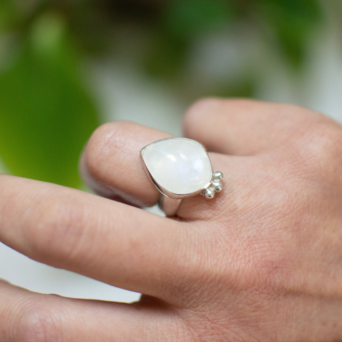 Rainbow Moonstone ring size 7.75 close up, blue adularescence Natural Earth Collective Ohio