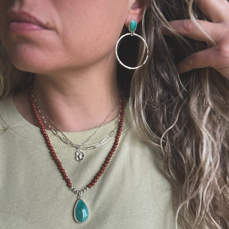 Turquoise stud hoop earrings detail, textured hoop sterling silver Natural Earth Collective Ohio