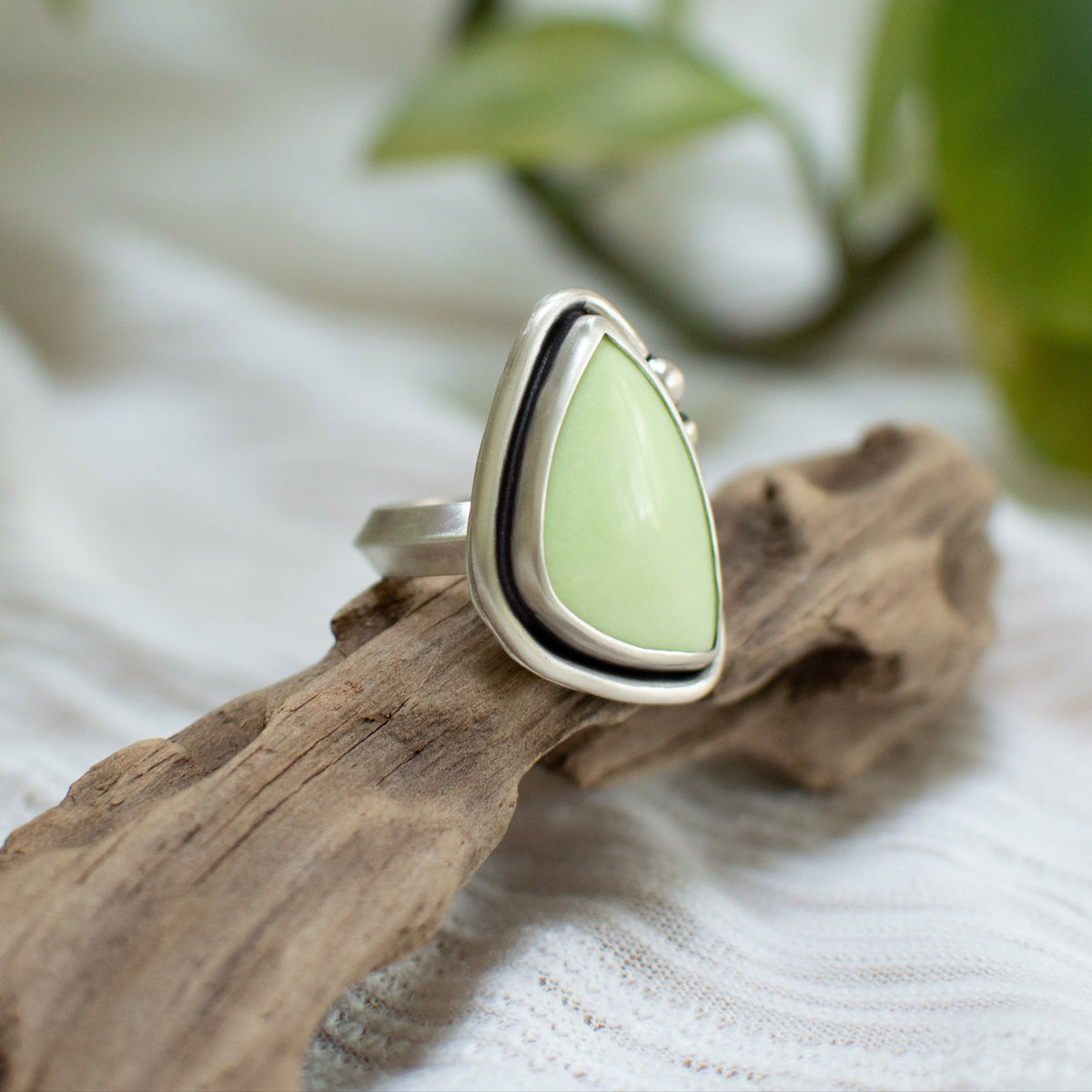 Lemon Chrysoprase ring size 10 close up, glowing natural stone Natural Earth Collective Ohio