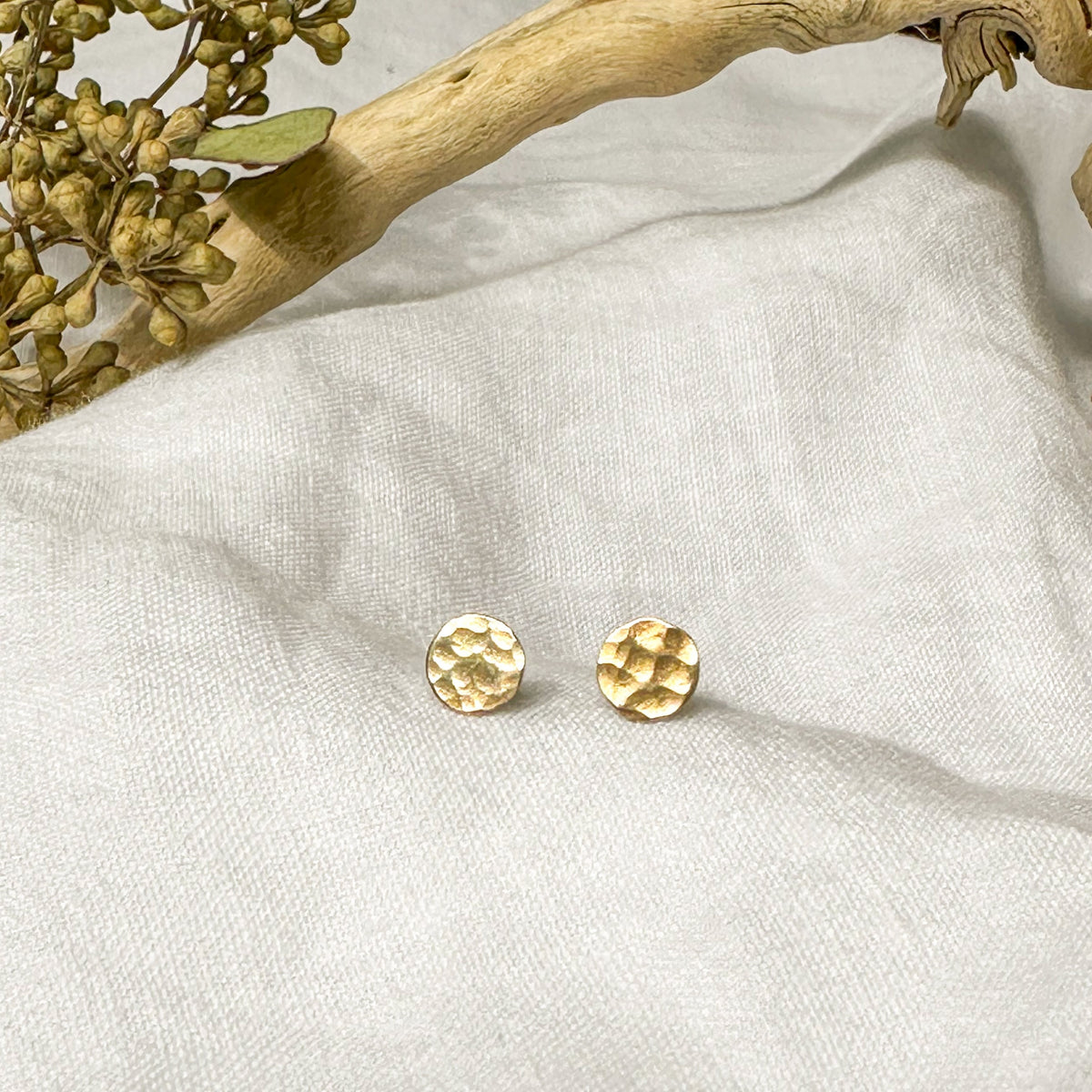 14k gold filled hammered dot stud earrings, handcrafted artisan jewelry Natural Earth Collective Ohio