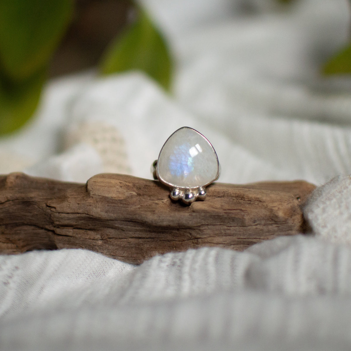 Rainbow Moonstone ring size 7 close up, natural adularescence Natural Earth Collective Ohio