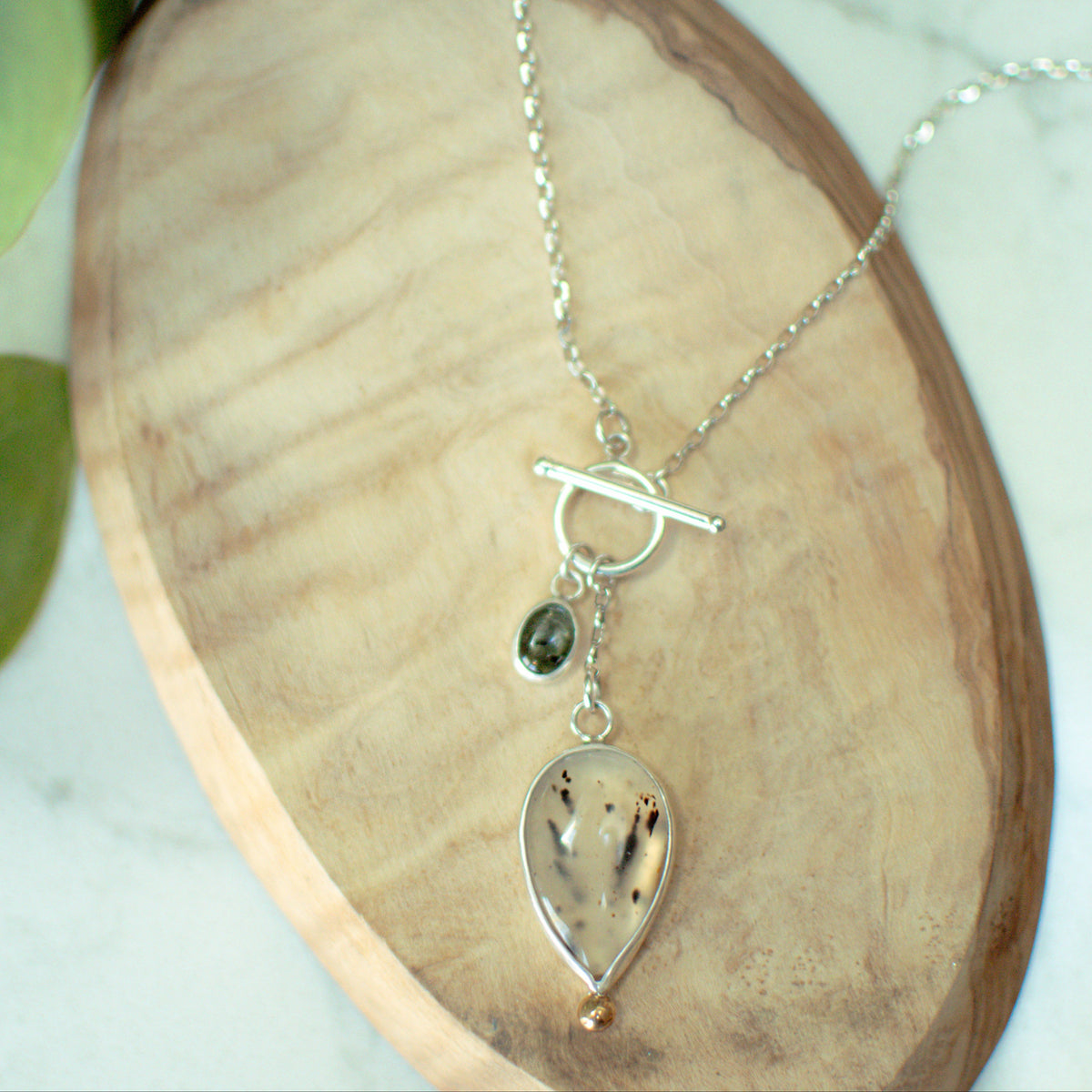 Montana Agate and emerald tourmaline toggle necklace No.2, brass accent sterling silver Natural Earth Collective Ohio