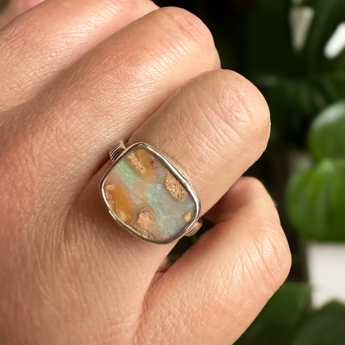 Pastel Boulder Opal ring size 9, flowing pink cream lavender fine silver sterling silver Natural Earth Collective Ohio