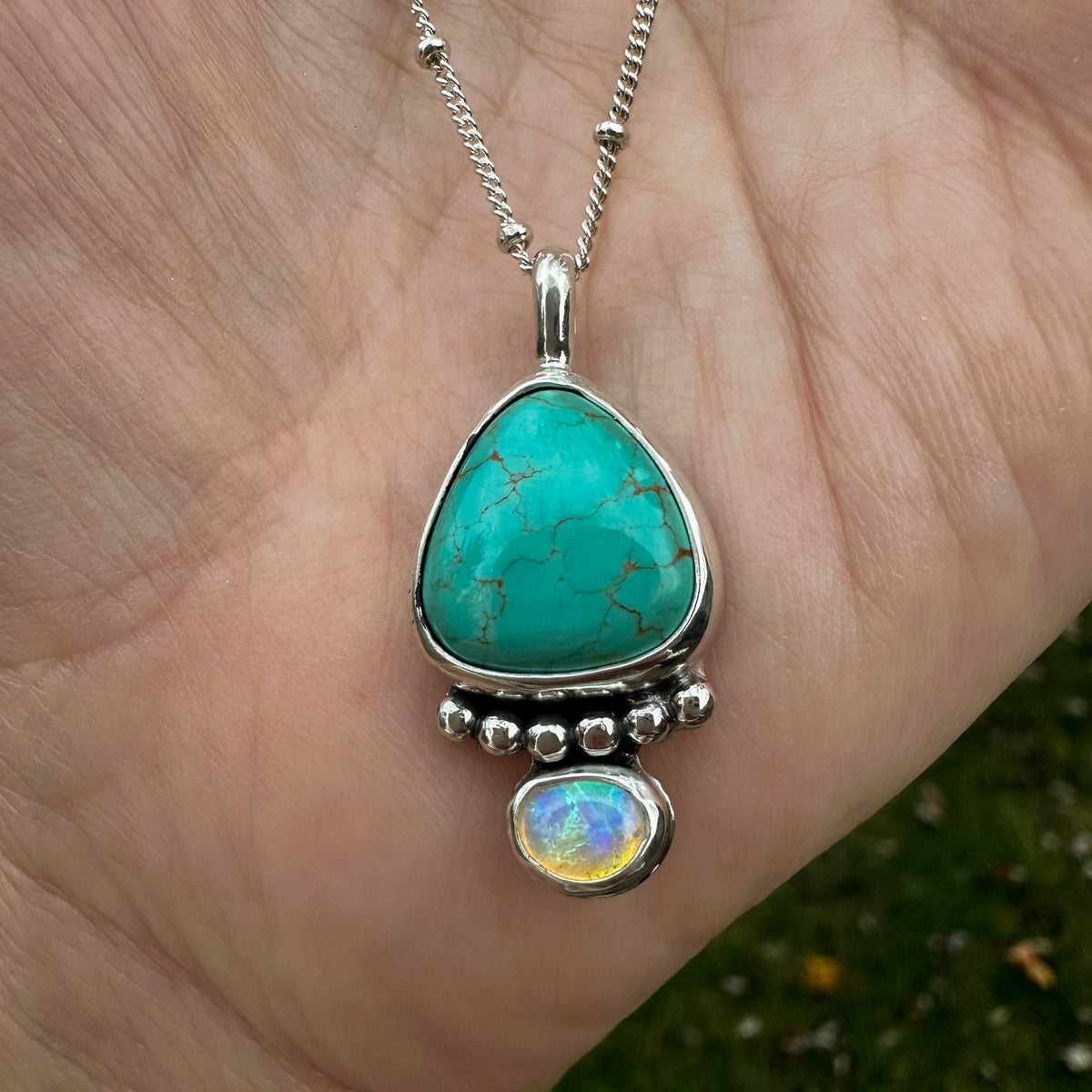 Royston Turquoise opal pendant detail, sterling silver satellite chain Natural Earth Collective Ohio