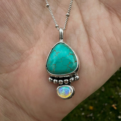 Royston Turquoise opal pendant detail, sterling silver satellite chain Natural Earth Collective Ohio