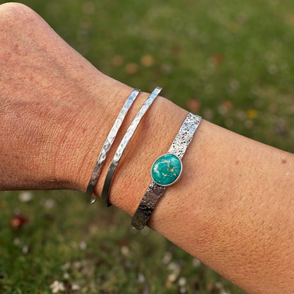 Sonoran Turquoise cuff bracelet on wrist, one of a kind Natural Earth Collective Ohio