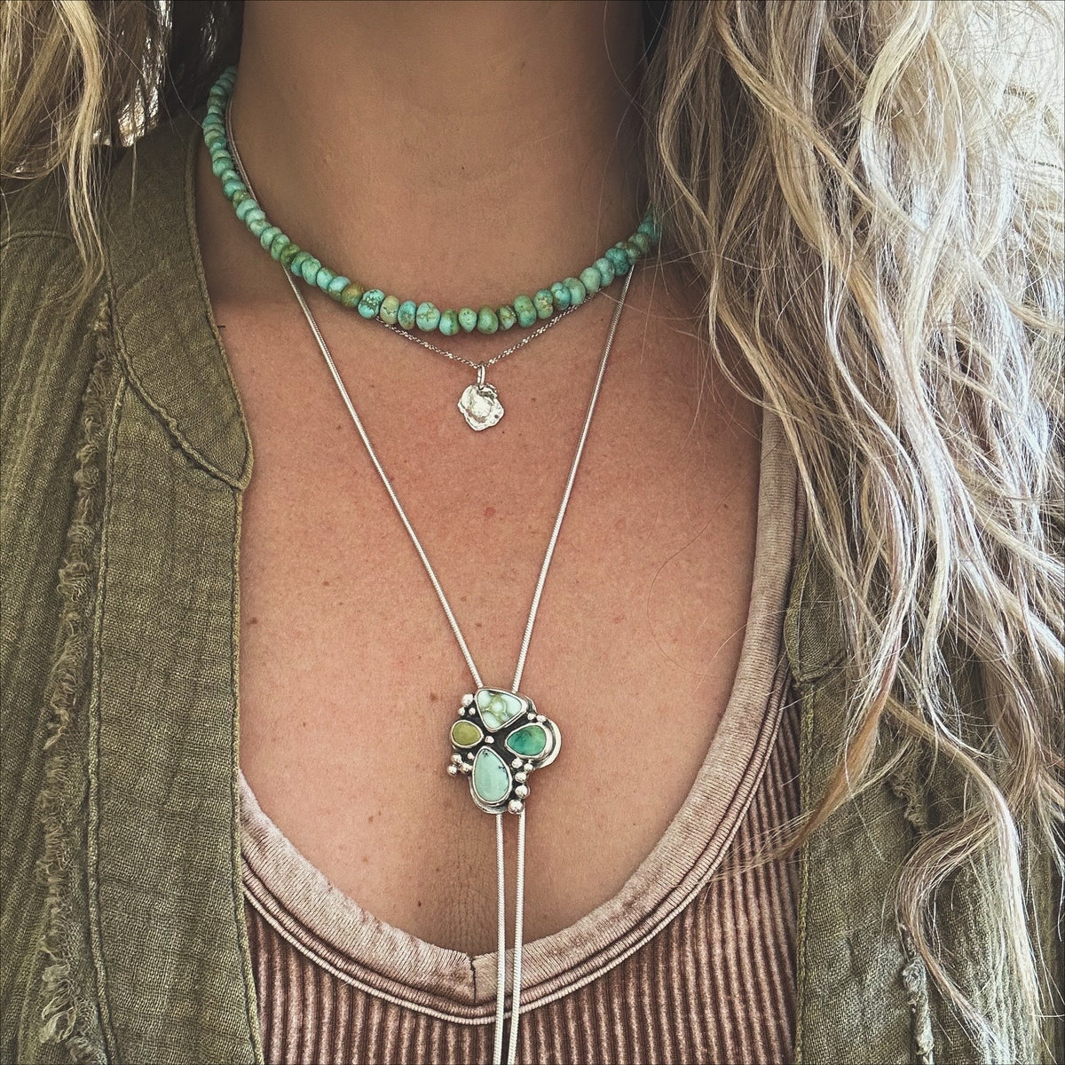 Turquoise bloom bolo necklace styled, one of a kind handcrafted Natural Earth Collective Ohio