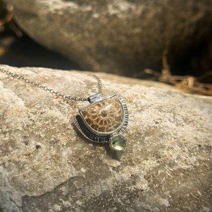 Half moon fossilized ammonite and geometric aquamarine pendant necklace, sterling silver rolo chain Natural Earth Collective Ohio