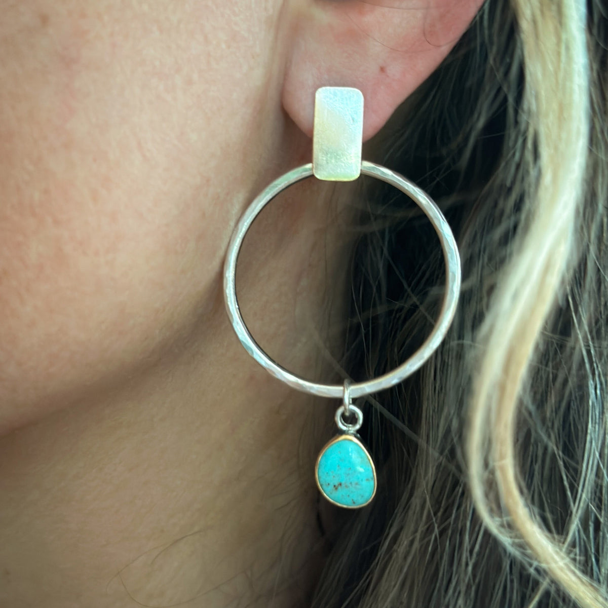 Kingman Turquoise hoop earrings No.3 detail, natural turquoise handcrafted Natural Earth Collective Ohio
