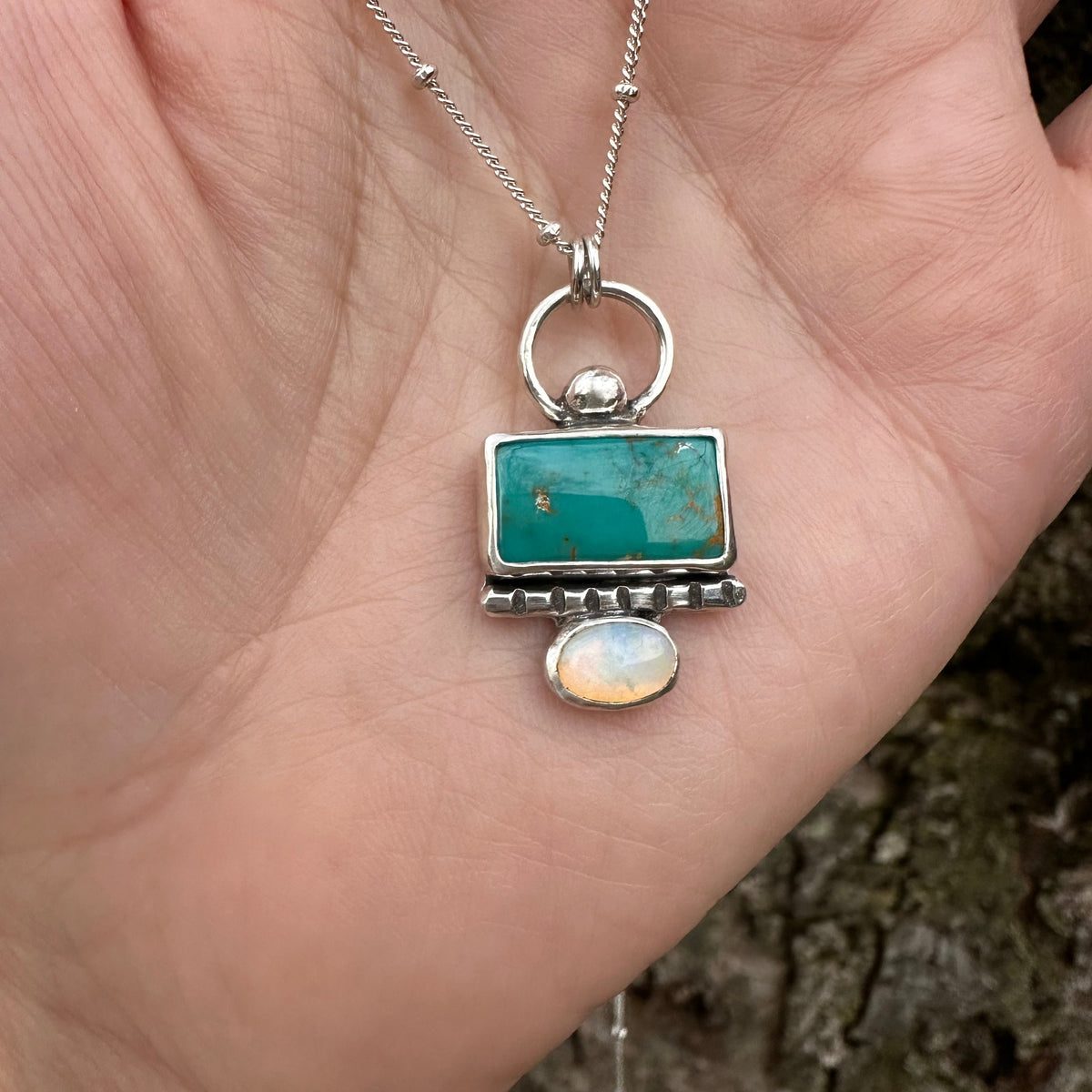 Royston and opal rectangle necklace styled, one of a kind handcrafted Natural Earth Collective Ohio
