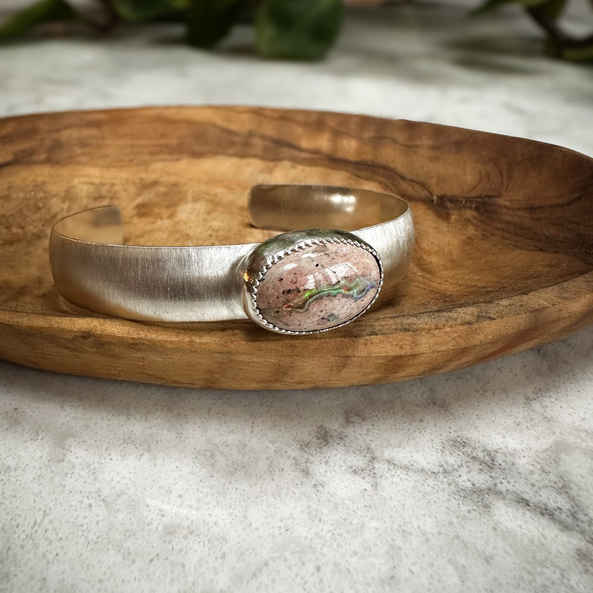 Mexican Cantera Opal cuff bracelet, full rainbow flash matrix opal sterling silver Natural Earth Collective Ohio