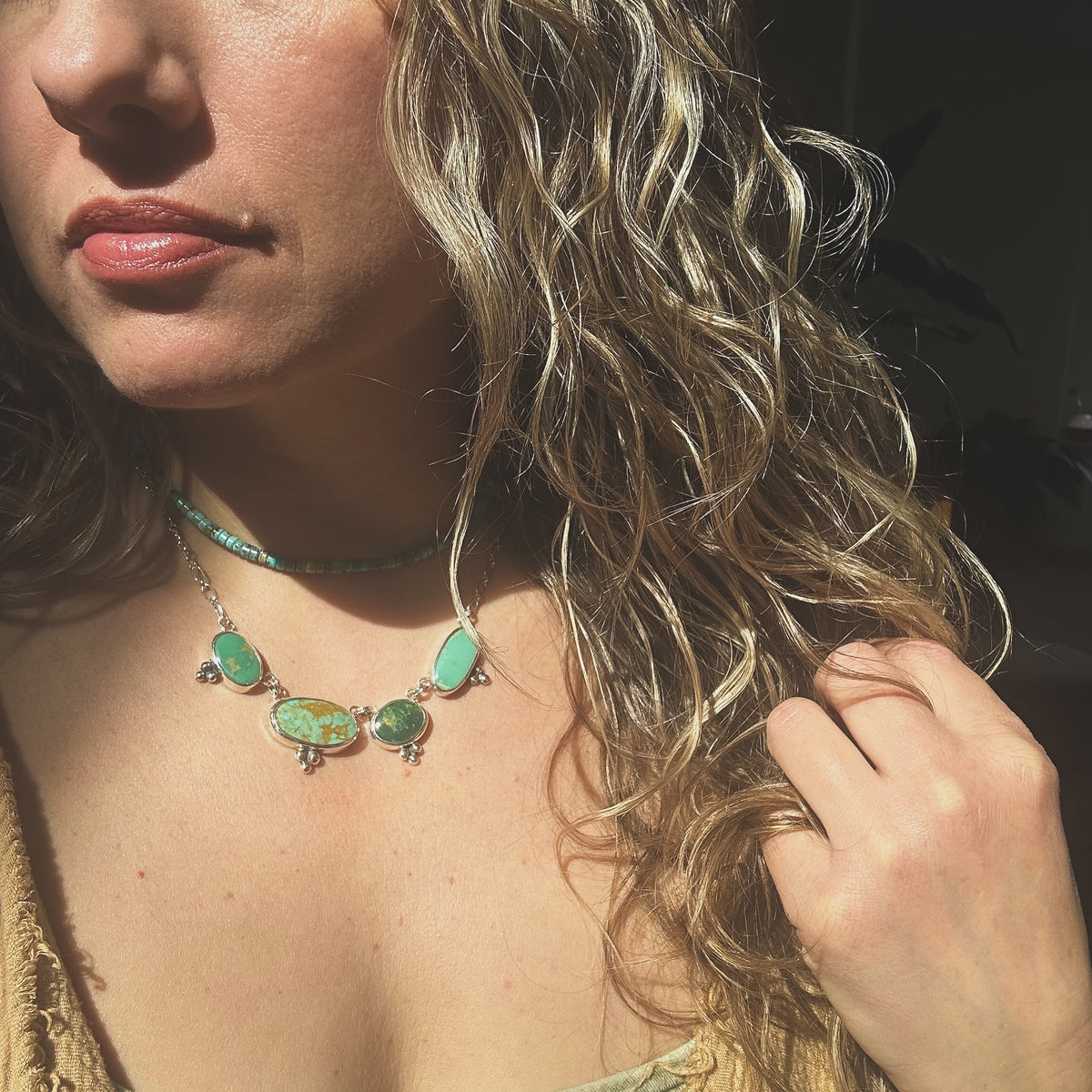 Meadow Ridge necklace detail, bezel set turquoise stones sterling silver Natural Earth Collective Ohio