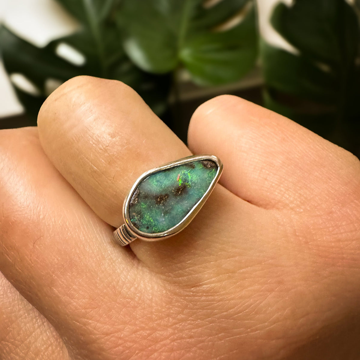 Deep blue Australian Boulder Opal ring size 8, oceanic blue color play fine silver Natural Earth Collective Ohio
