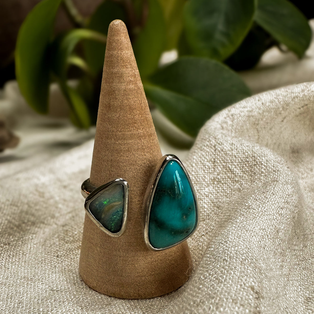 Turquoise and opal open shank ring on hand, one of a kind artisan Natural Earth Collective Ohio