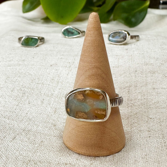 Pastel Boulder Opal ring close up, pink cream pastel color play Natural Earth Collective Ohio