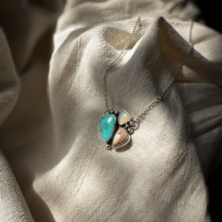 Double Opal Turquoise Necklace styled on neck, one of a kind Natural Earth Collective Ohio