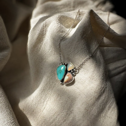 Double Opal Turquoise Necklace styled on neck, one of a kind Natural Earth Collective Ohio