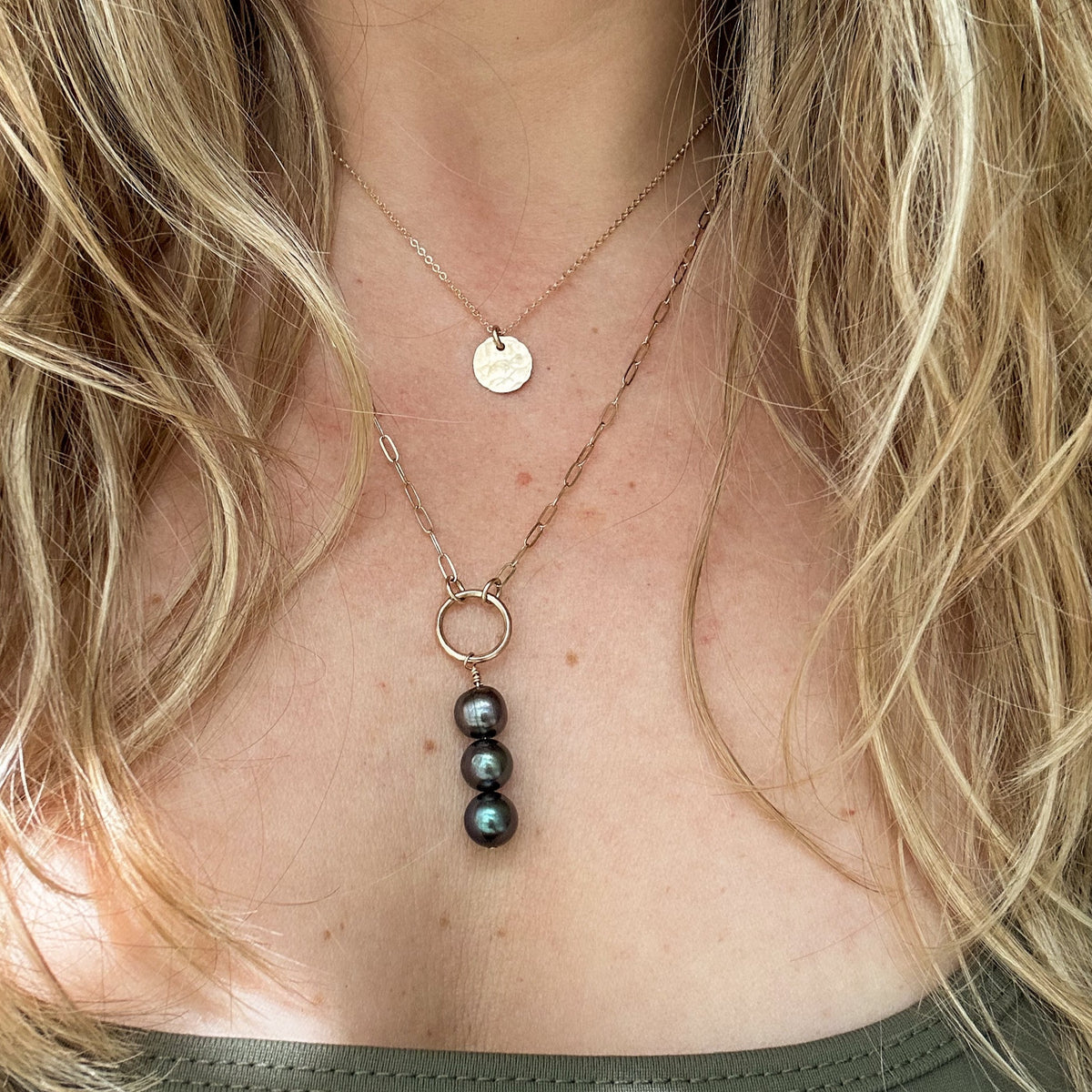Tiny hammered dot necklace styled, handcrafted artisan jewelry Natural Earth Collective Ohio