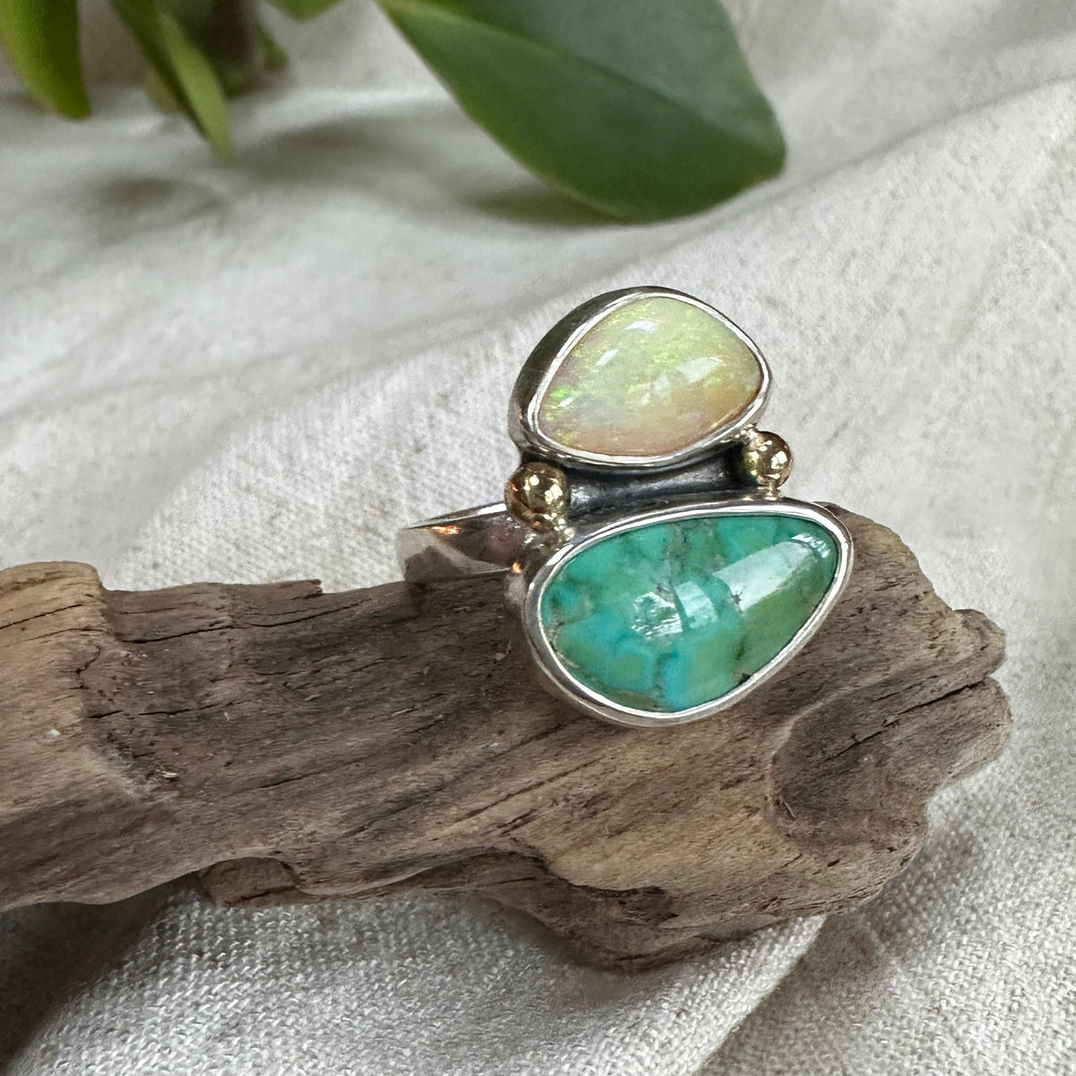 Turquoise and Boulder Opal ring close up, gold accent fine silver Natural Earth Collective Ohio