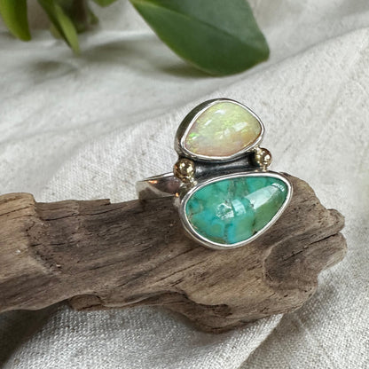 Turquoise and Boulder Opal ring close up, gold accent fine silver Natural Earth Collective Ohio