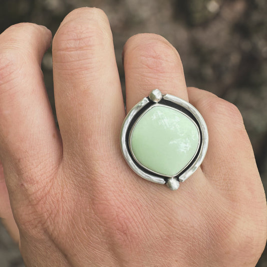 Lemon Chrysoprase ring size 7.25 close up, glowing natural stone matte finish Natural Earth Collective Ohio