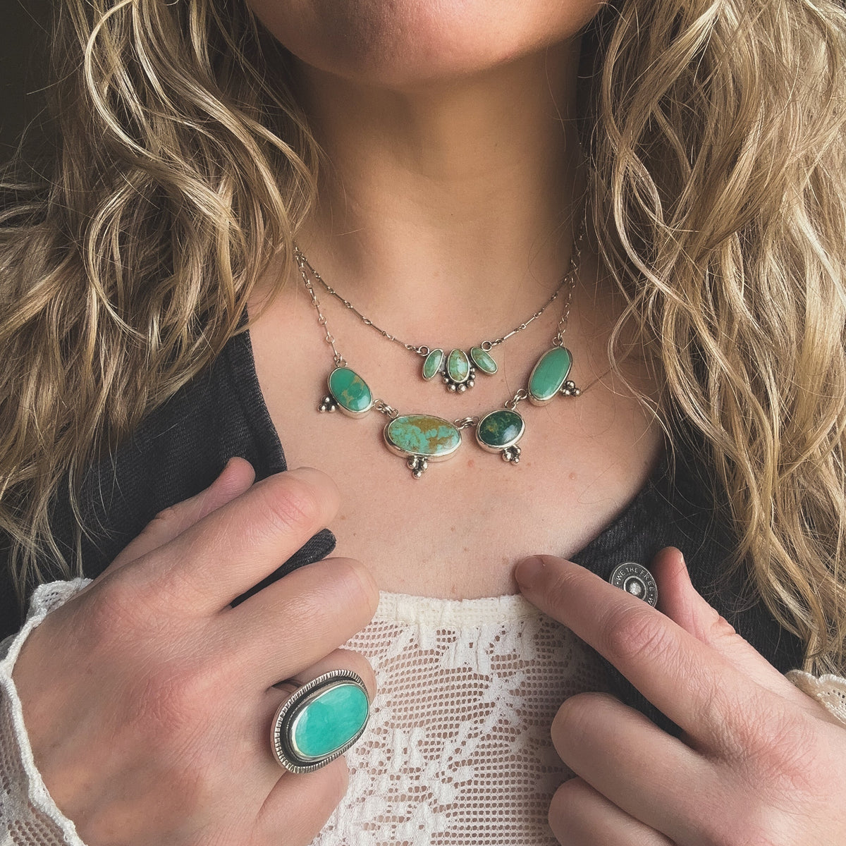 Meadow Ridge Turquoise Necklace flat lay, row of natural mixed green turquoise Natural Earth Collective Ohio