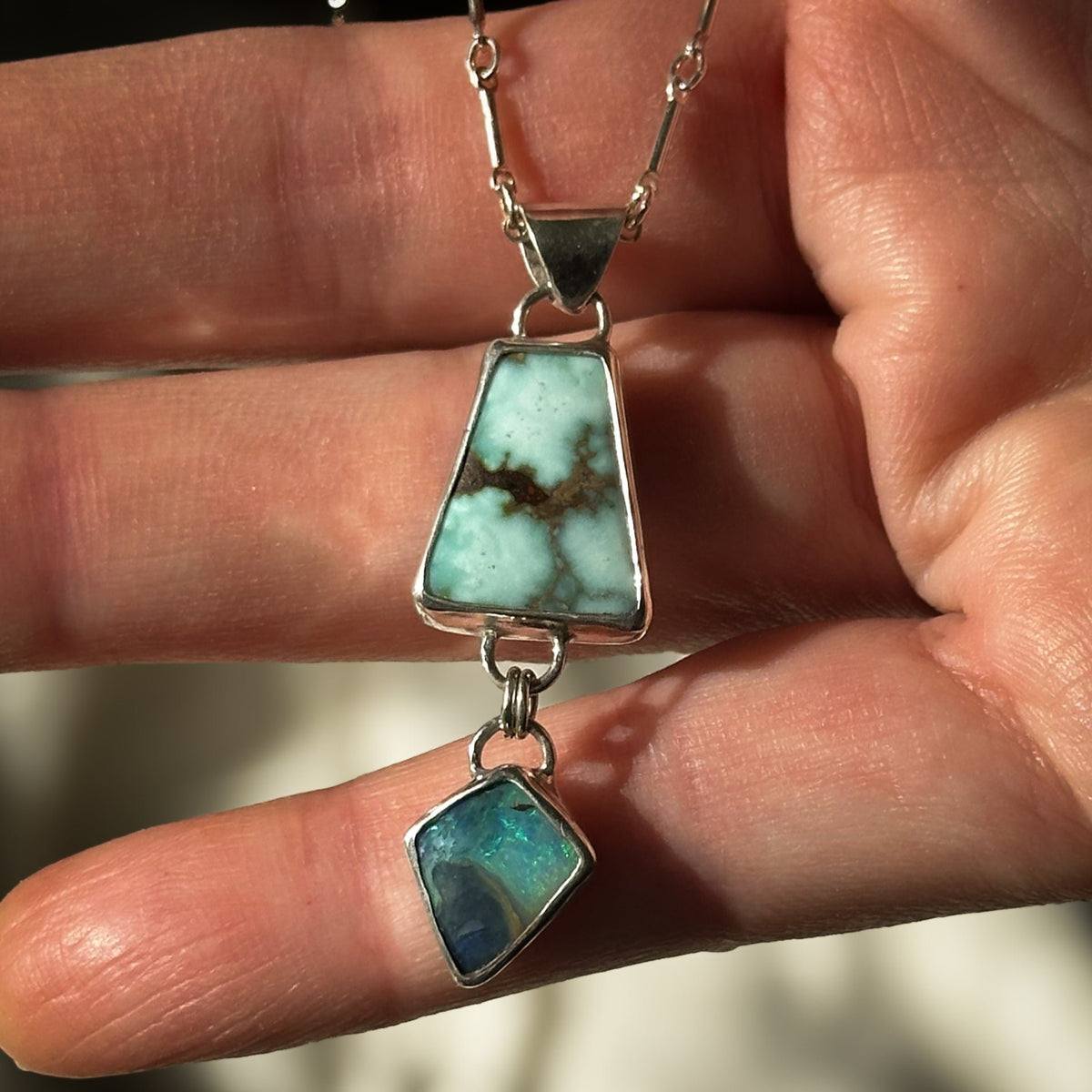 Turquoise and Boulder Opal diamond dangle pendant necklace, bar and link chain Natural Earth Collective Ohio