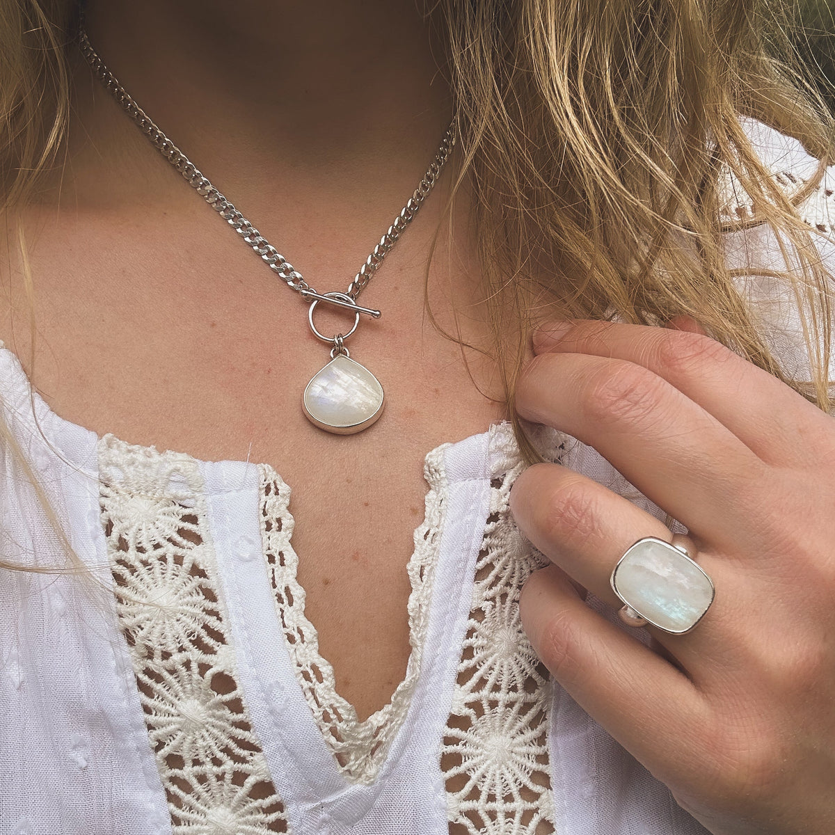 Rainbow Moonstone curb chain necklace styled, one of a kind Natural Earth Collective Ohio