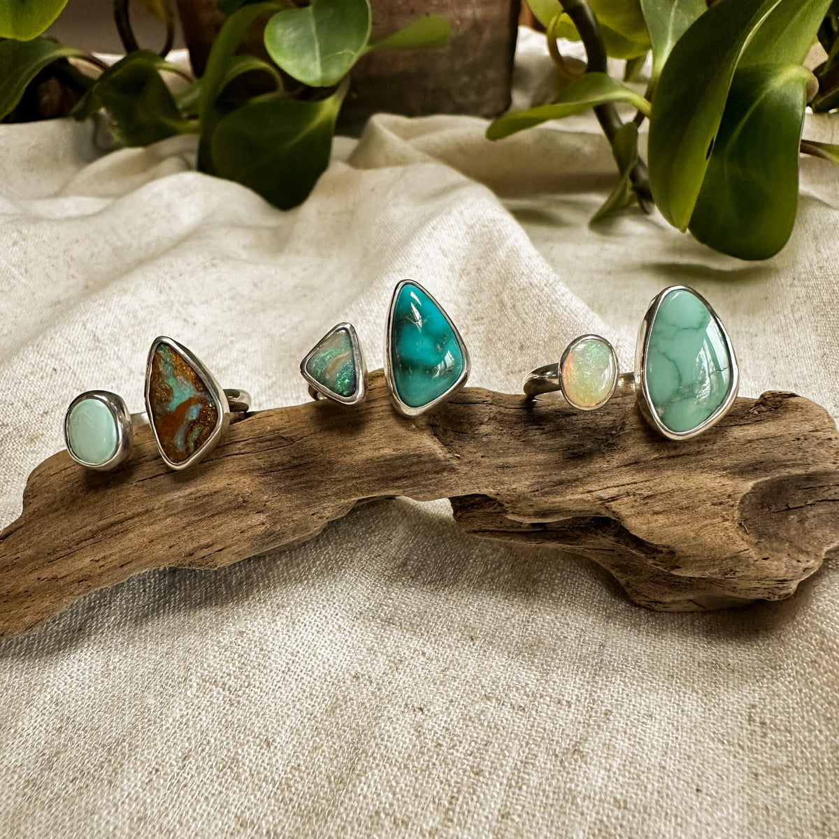 Opal and turquoise ring on hand, one of a kind artisan jewelry Natural Earth Collective Ohio