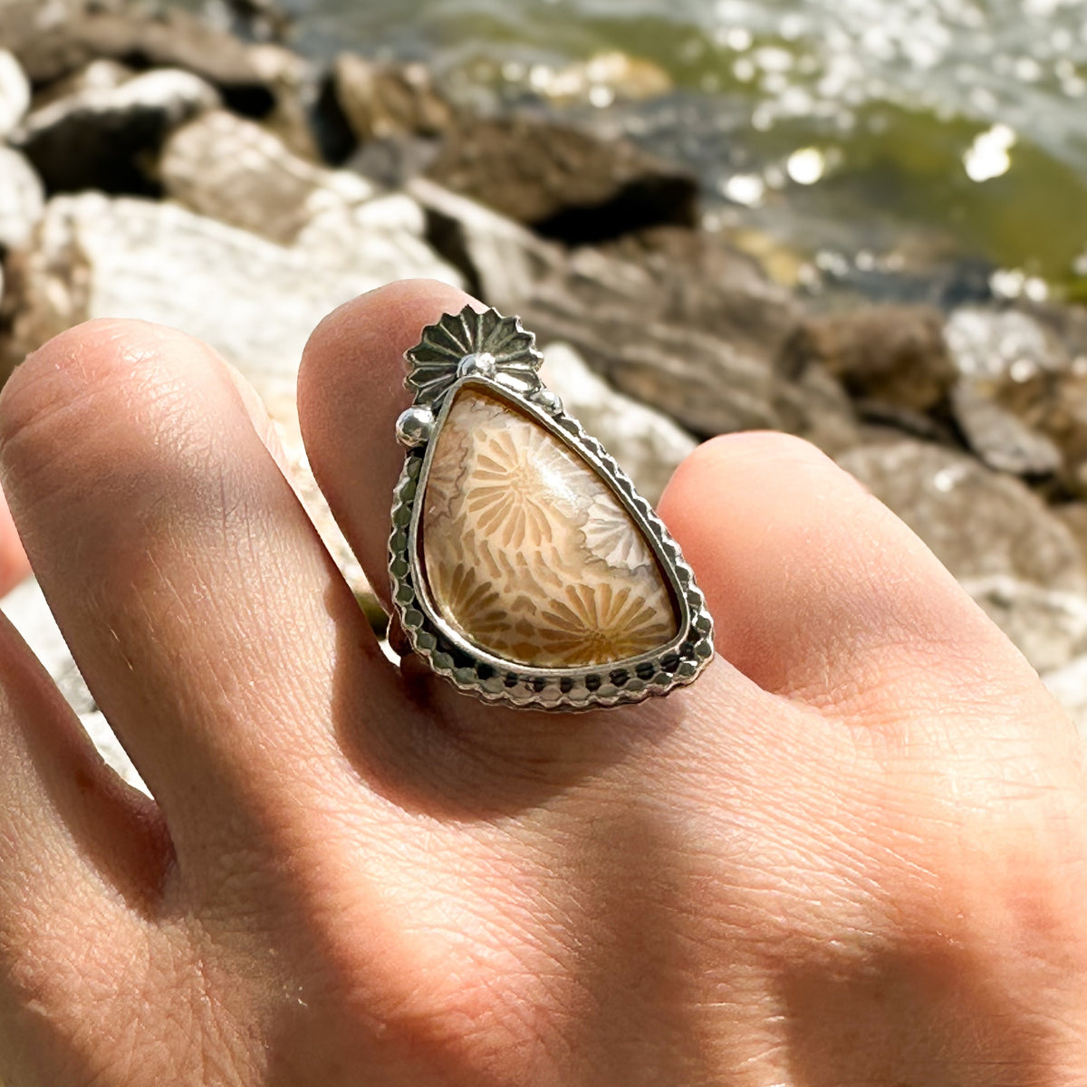 Fossilized coral starburst ring finish to size, ancient reef fossil sterling silver Natural Earth Collective Ohio