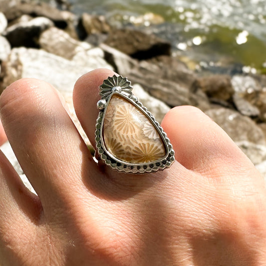 Fossilized coral starburst ring finish to size, ancient reef fossil sterling silver Natural Earth Collective Ohio