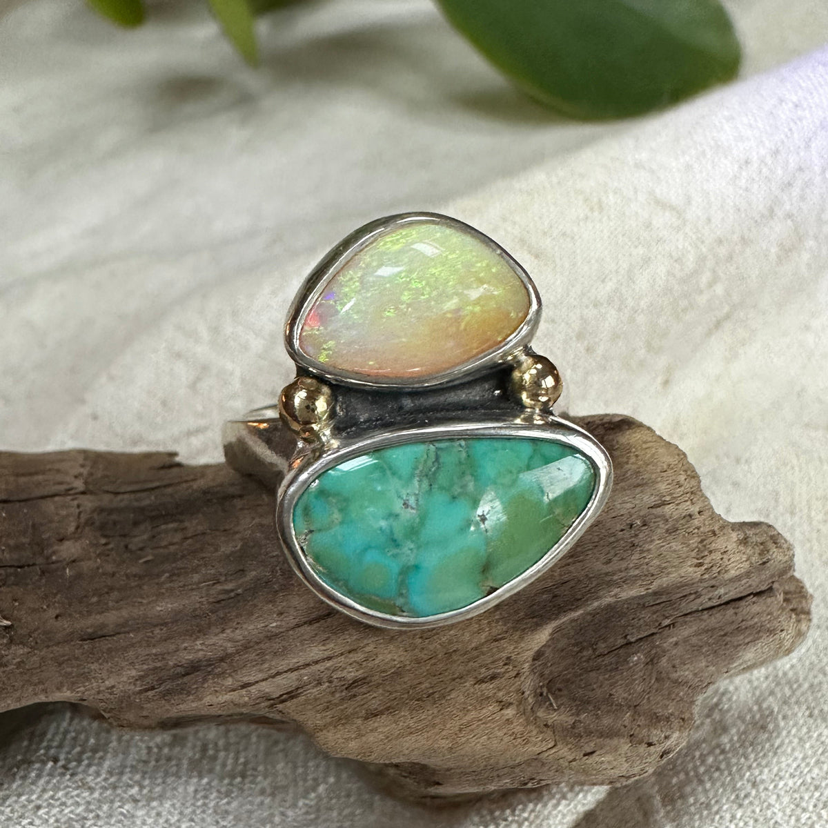Lone Mountain Turquoise and Australian Pipe Boulder Opal ring size 8.5, solid 14k gold accents sterling silver Natural Earth Collective Ohio