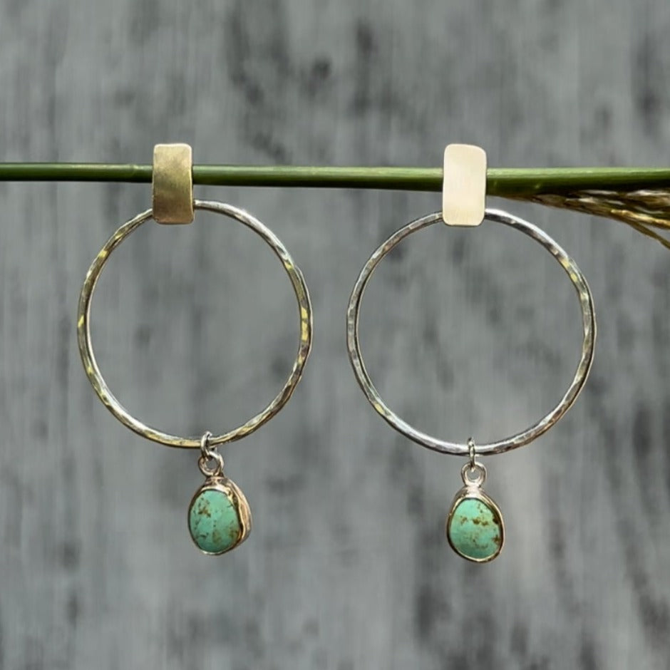 Kingman Turquoise mixed metal earrings No.2 on ear, one of a kind artisan jewelry Natural Earth Collective Ohio