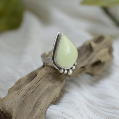 Lemon Chrysoprase ring size 6.75 close up, glowing larger natural stone Natural Earth Collective Ohio