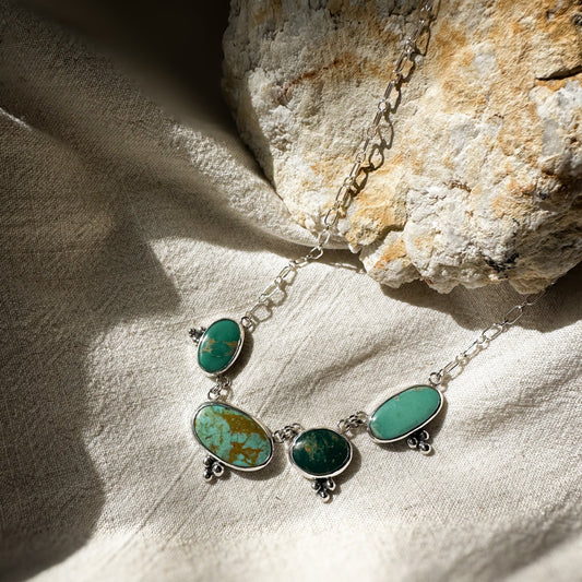 Meadow Ridge Turquoise Necklace, row of natural green mixed turquoise stones sterling silver Natural Earth Collective Ohio