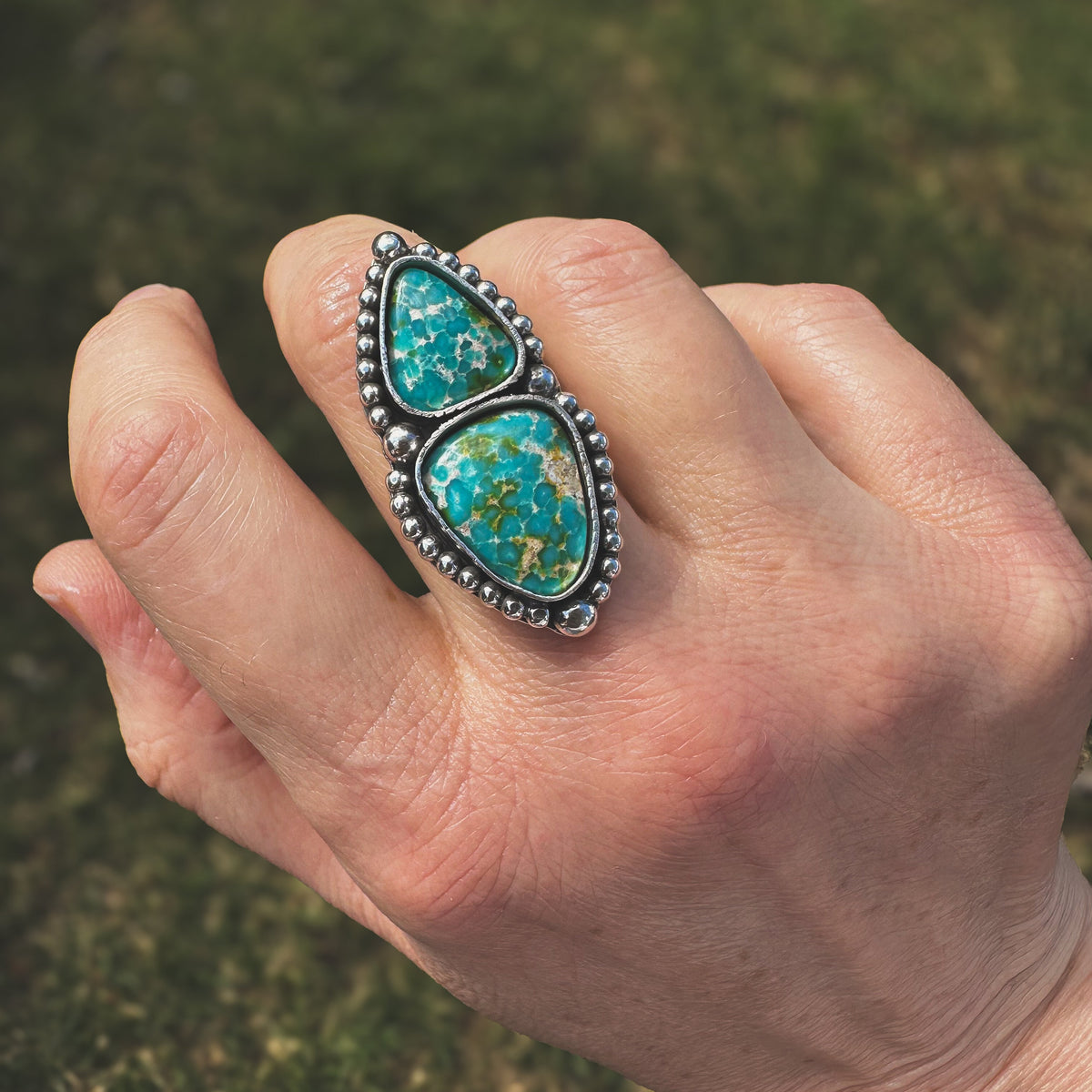 Sonoran Turquoise Tidepool ring finish to size, double stacked turquoise sterling silver beadwork Natural Earth Collective Ohio