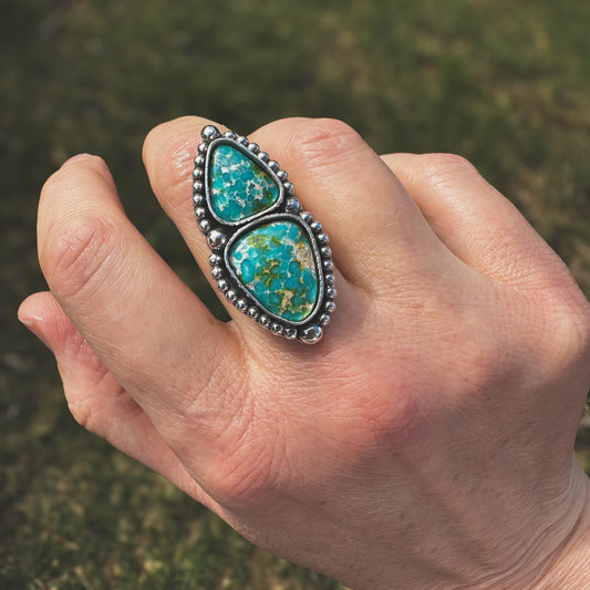 Sonoran Turquoise Tidepool ring finish to size, double stacked turquoise sterling silver beadwork Natural Earth Collective Ohio