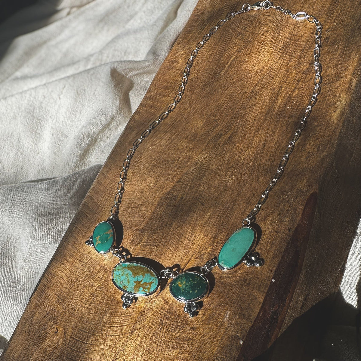 Meadow Ridge Turquoise Necklace styled on neck, botanical earthy Natural Earth Collective Ohio